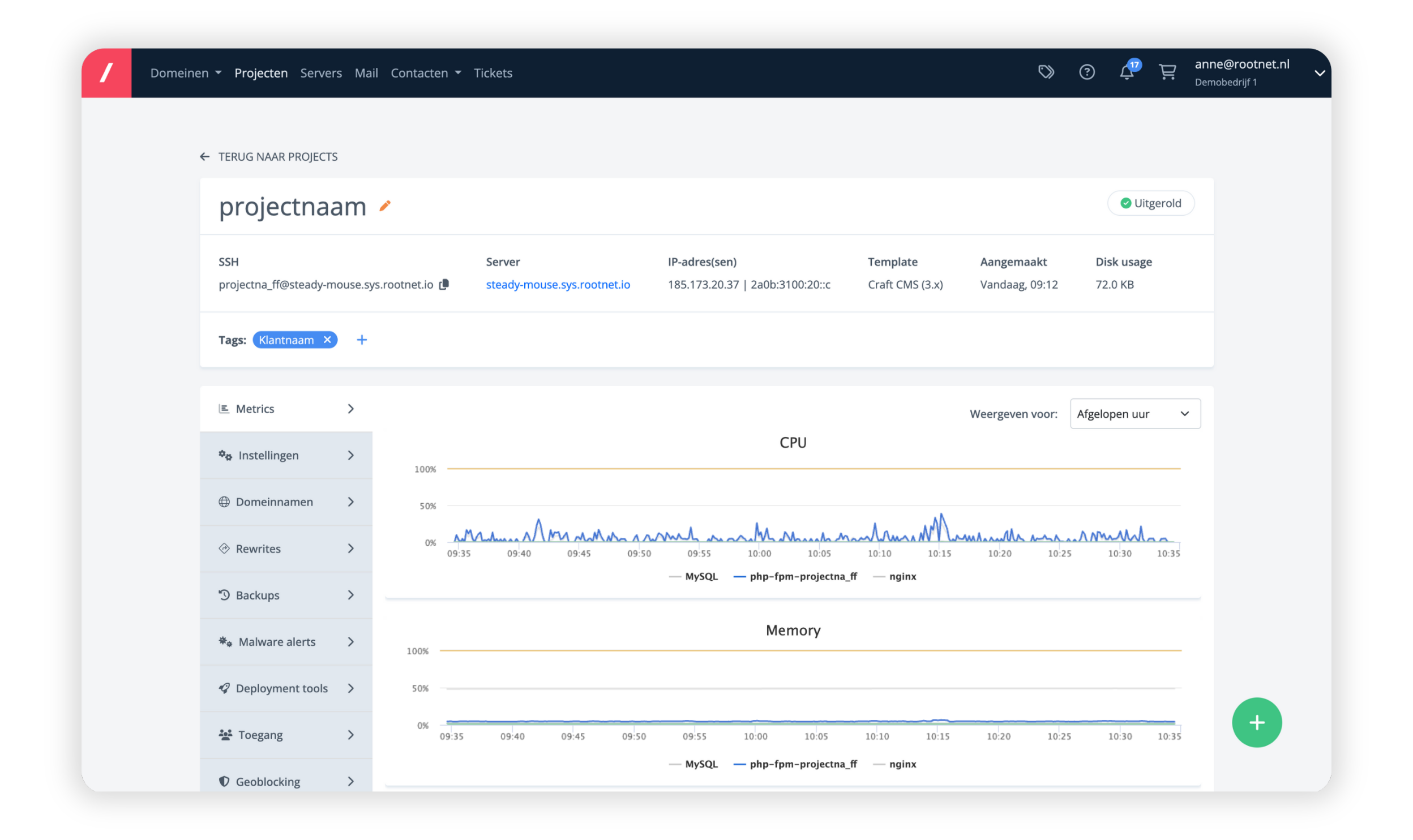 Server statistieken in myRootnet - Managed Craft CMS Hosting
