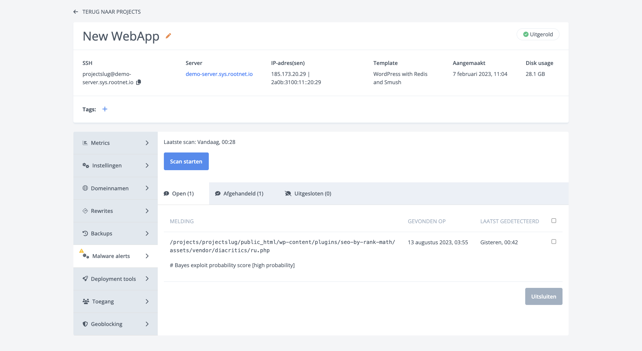 Malware detectie en notificatie in myrootnet.nl